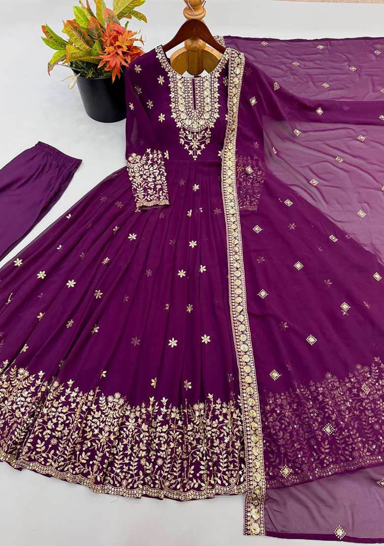 Wine Embroidery Georgette Gown Set - Indya