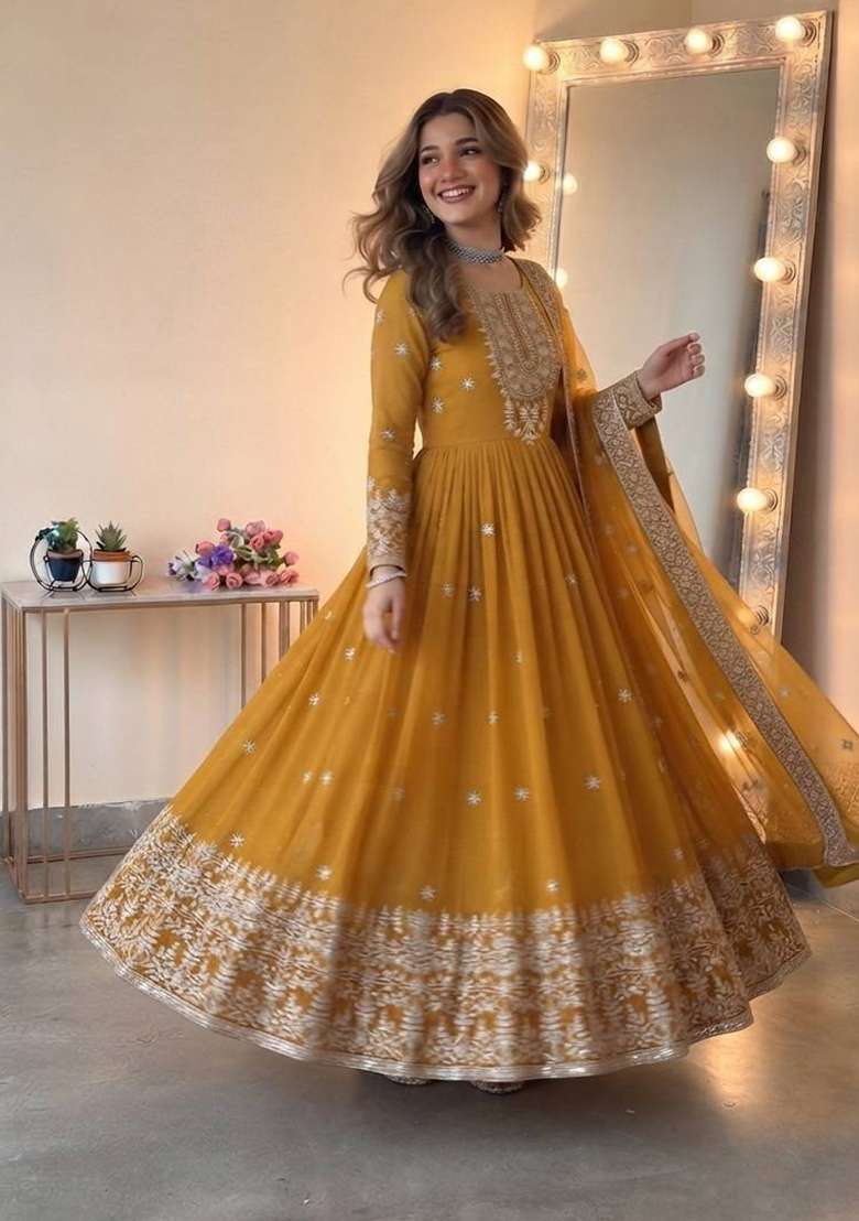 Yellow Embroidery Georgette Gown Set - Indya