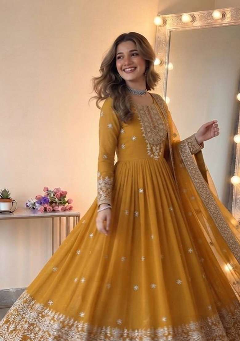 Yellow Embroidery Georgette Gown Set - Indya