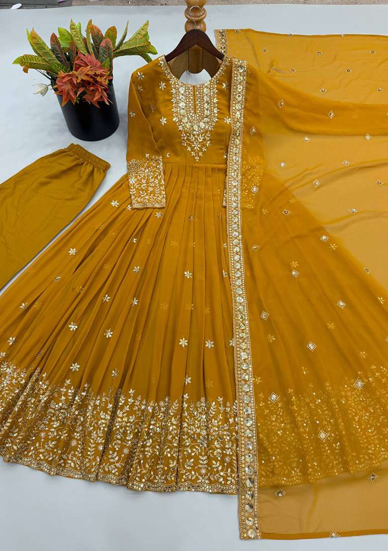 Yellow Embroidery Georgette Gown Set - Indya