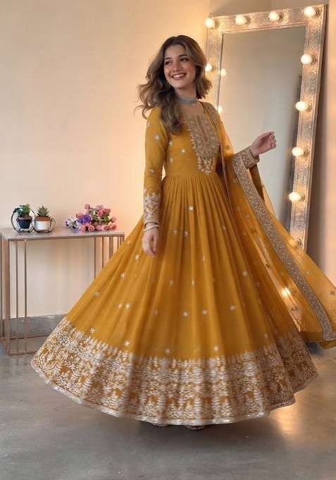 Yellow Embroidery Georgette Gown Set
