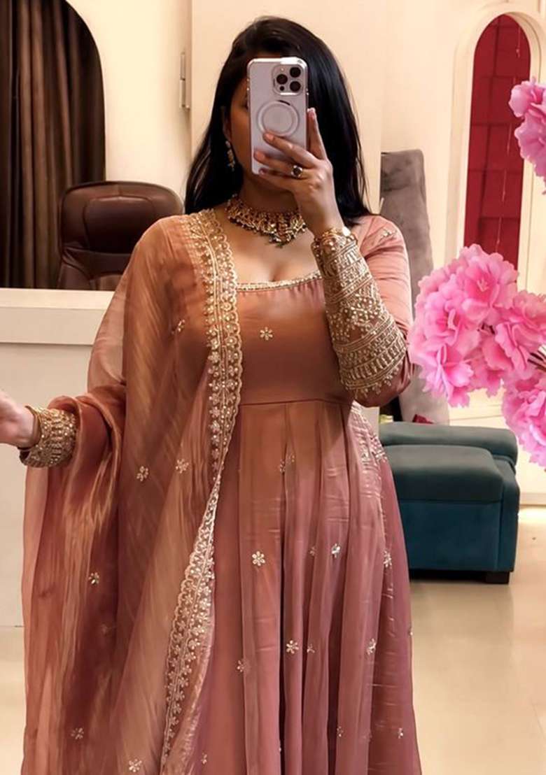 Brown Embroidery Silk Gown Set - Indya