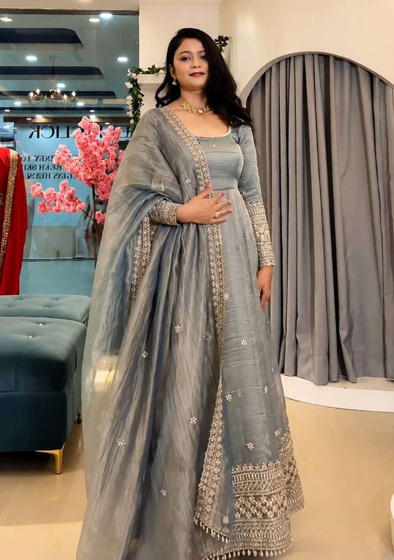Grey Embroidery Silk Gown Set - Indya