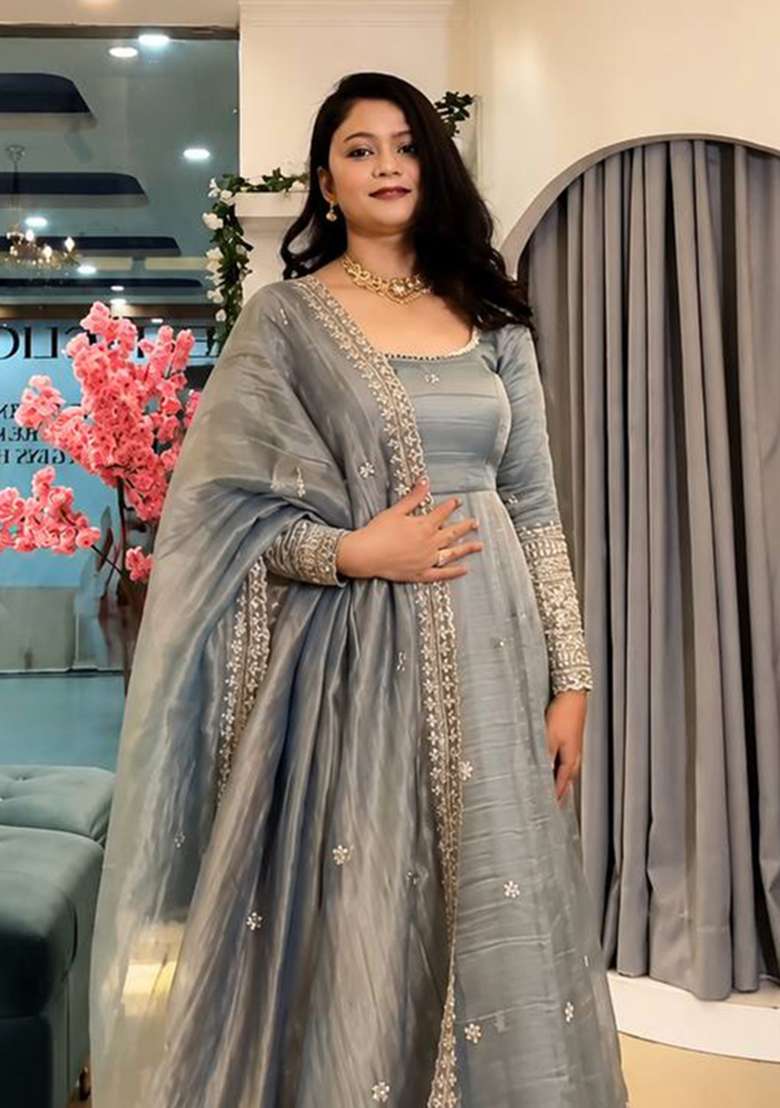 Grey Embroidery Silk Gown Set - Indya