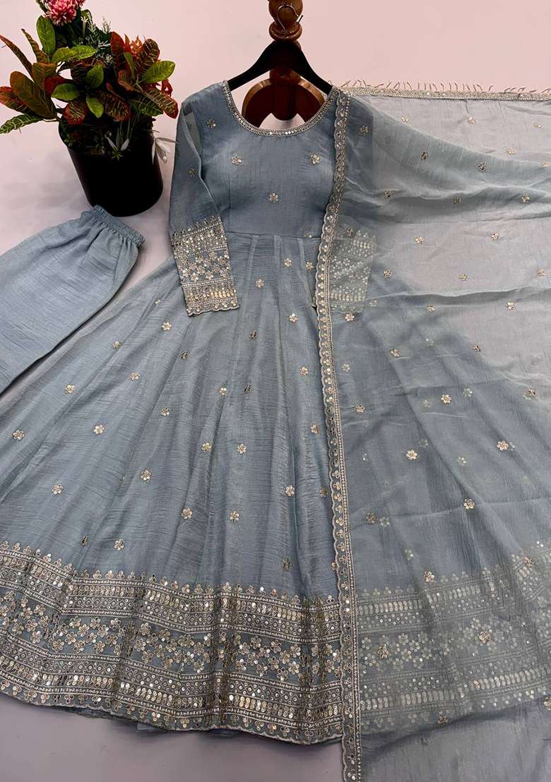 Grey Embroidery Silk Gown Set - Indya