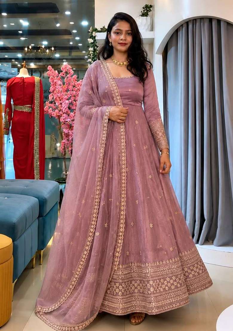 Pink Embroidery Silk Gown Set - Indya
