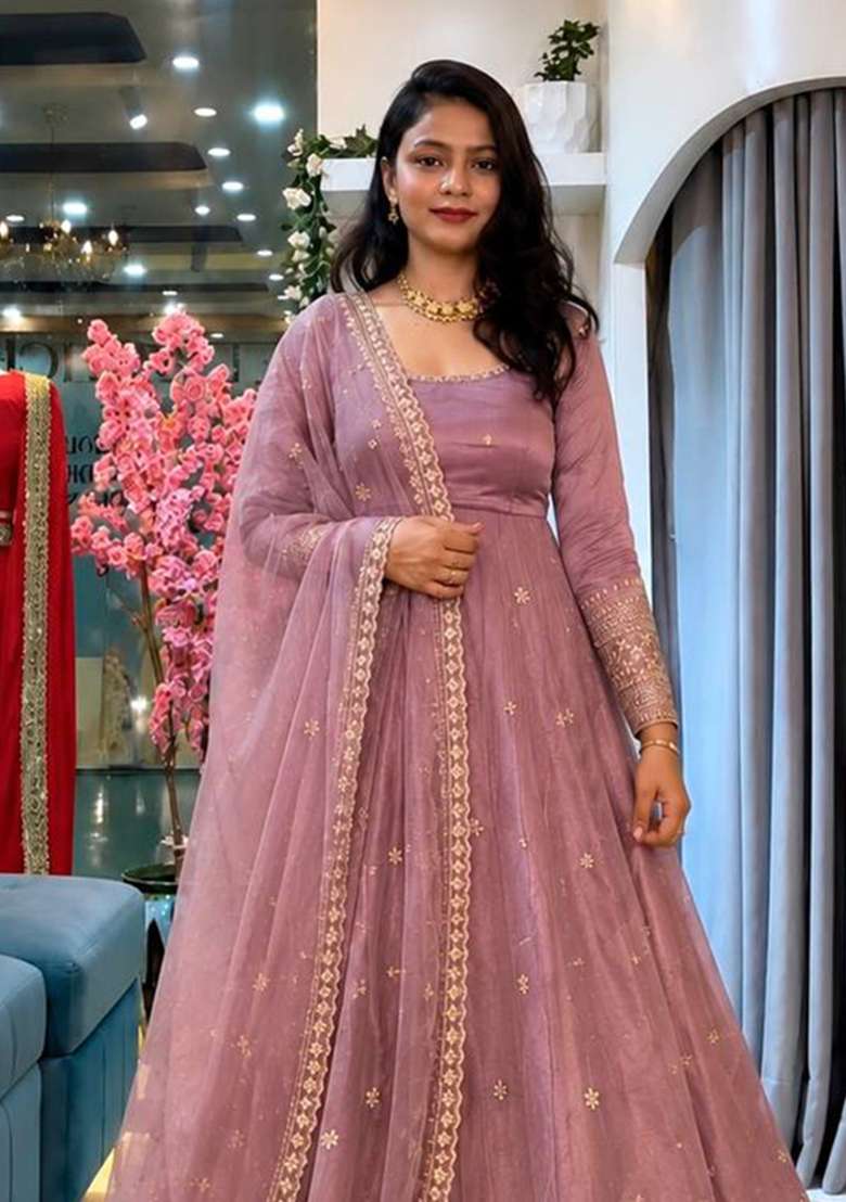 Pink Embroidery Silk Gown Set - Indya