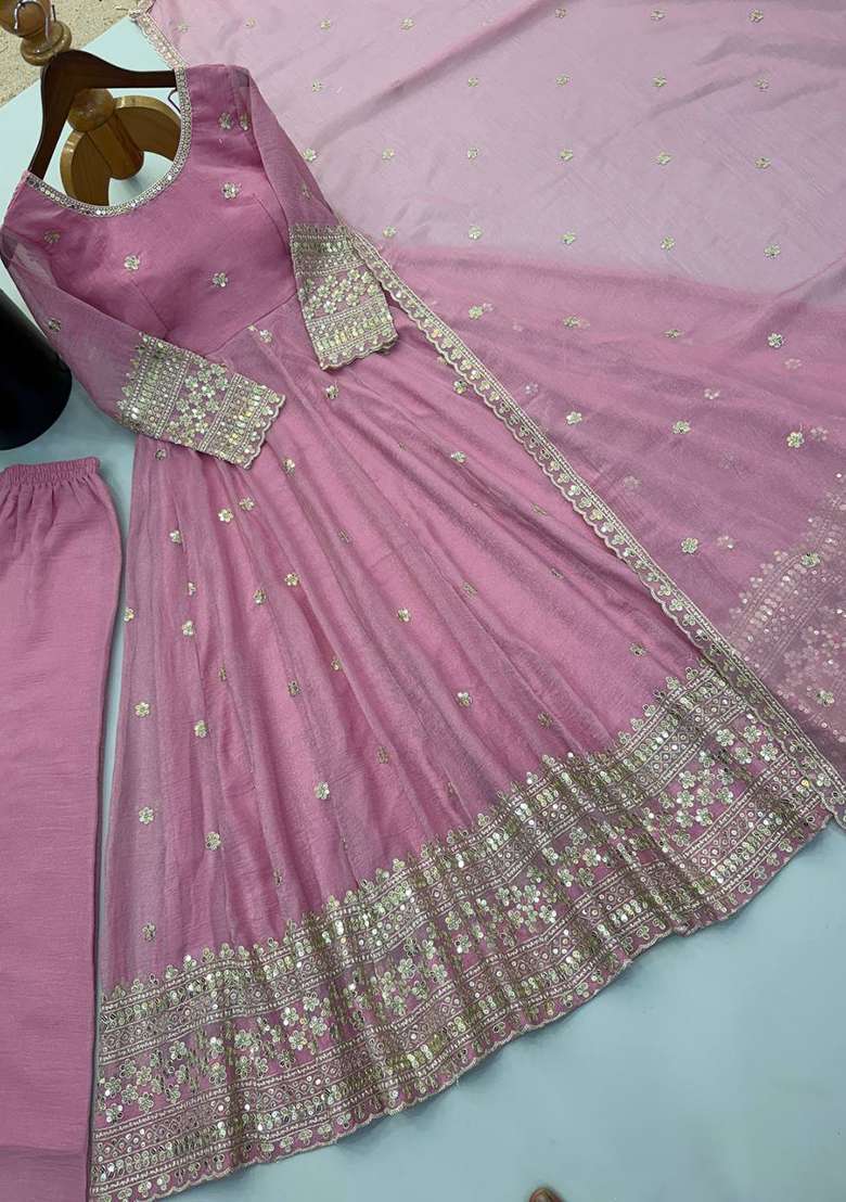 Pink Embroidery Silk Gown Set - Indya