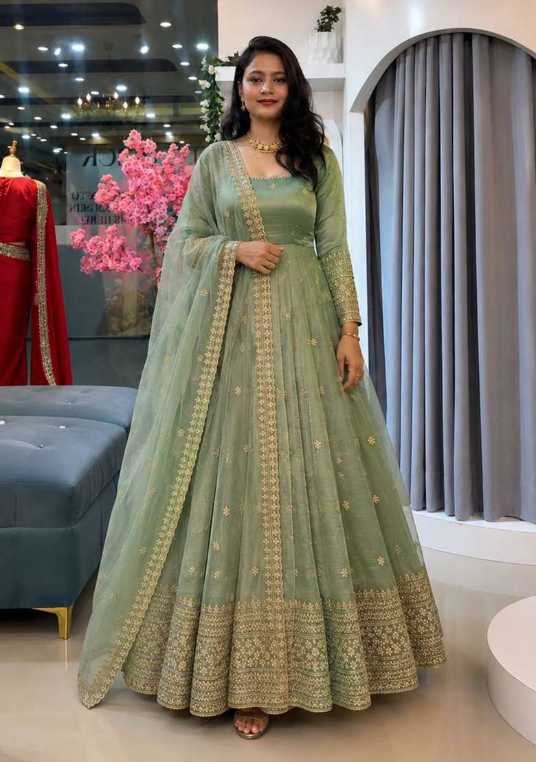 Pista Embroidery Silk Gown Set - Indya