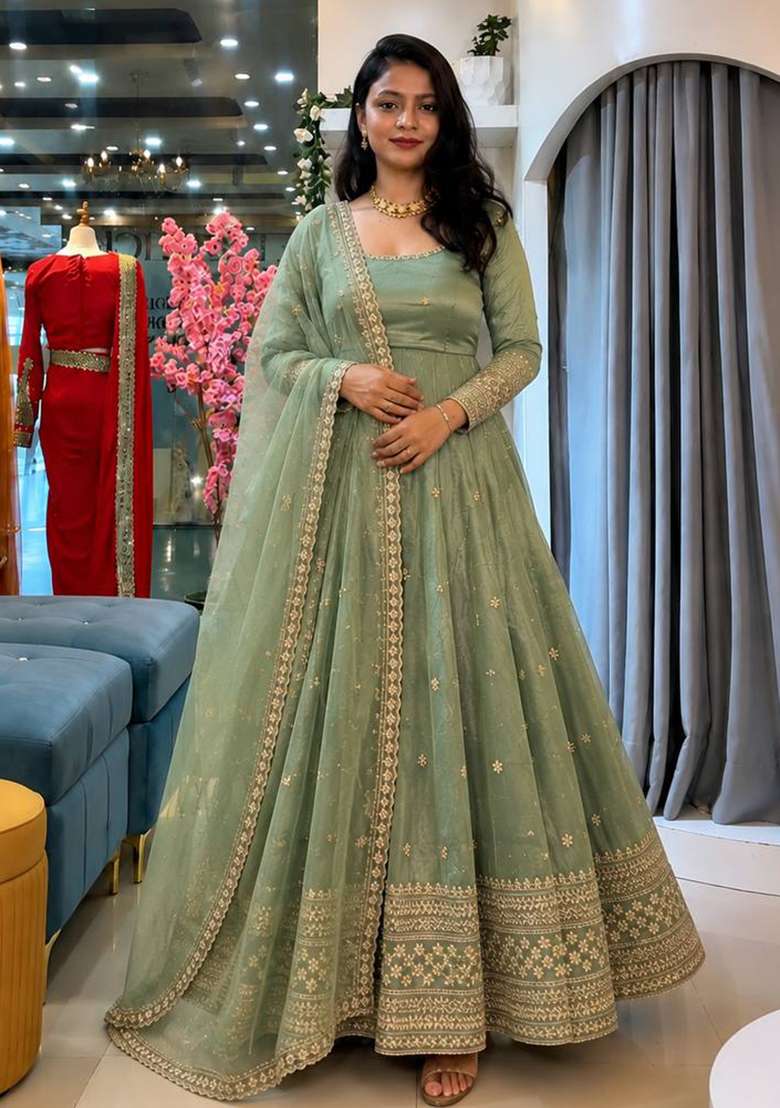 Pista Embroidery Silk Gown Set - Indya