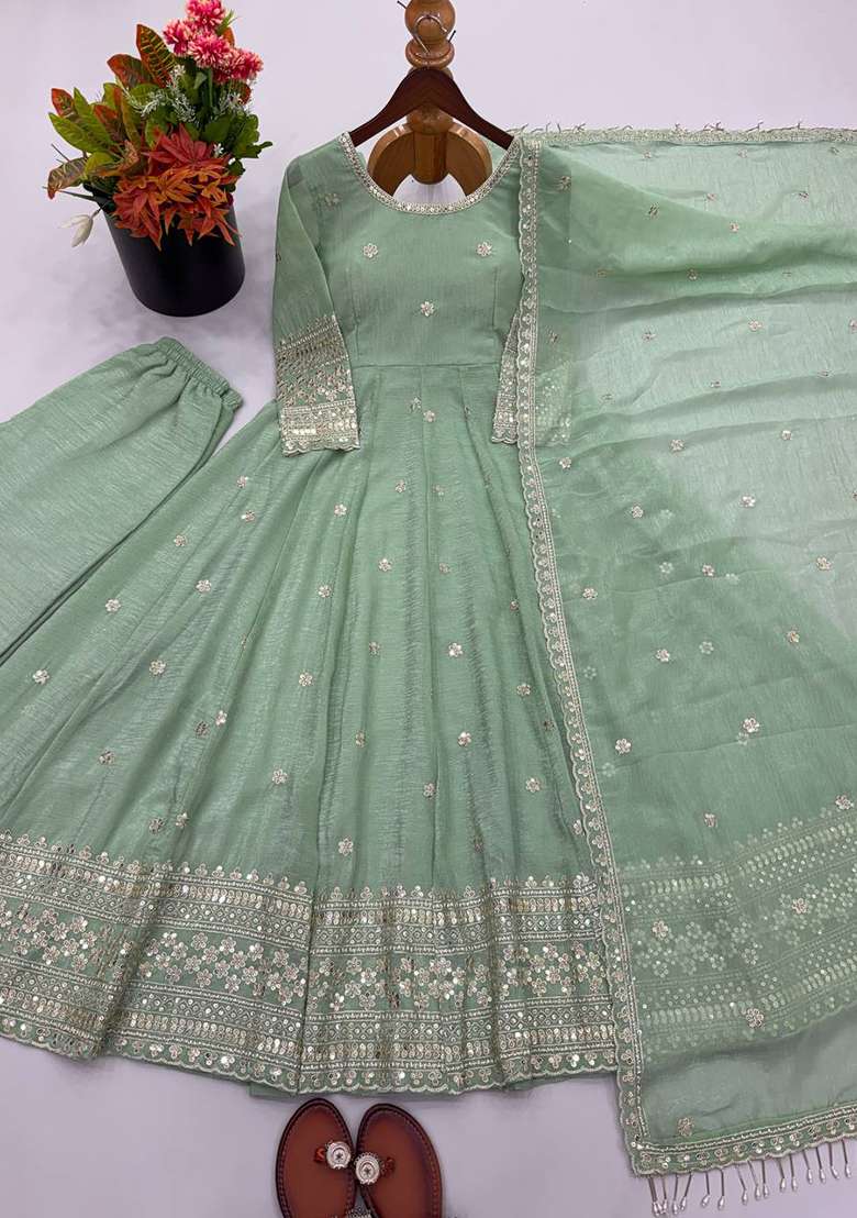 Pista Embroidery Silk Gown Set - Indya