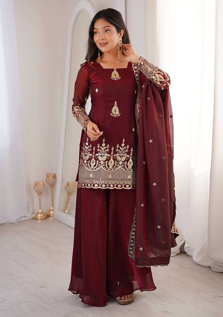 Maroon Embroidery Silk Gown Set - Indya
