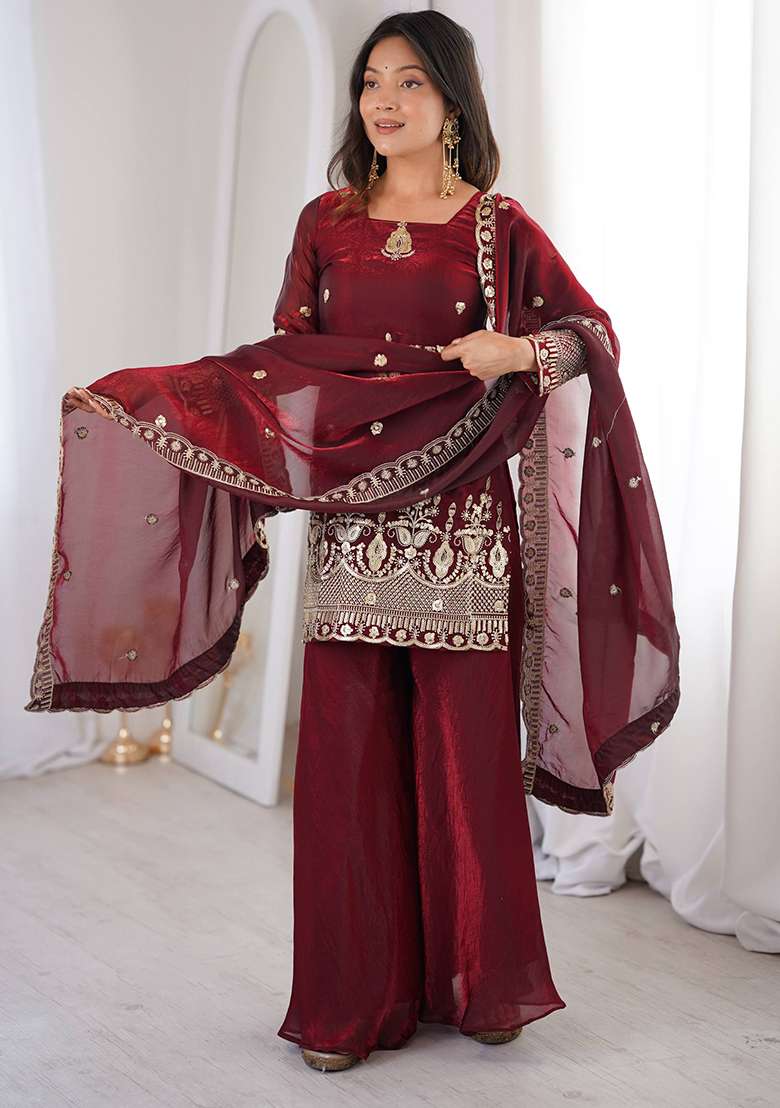 Maroon Embroidery Silk Gown Set - Indya
