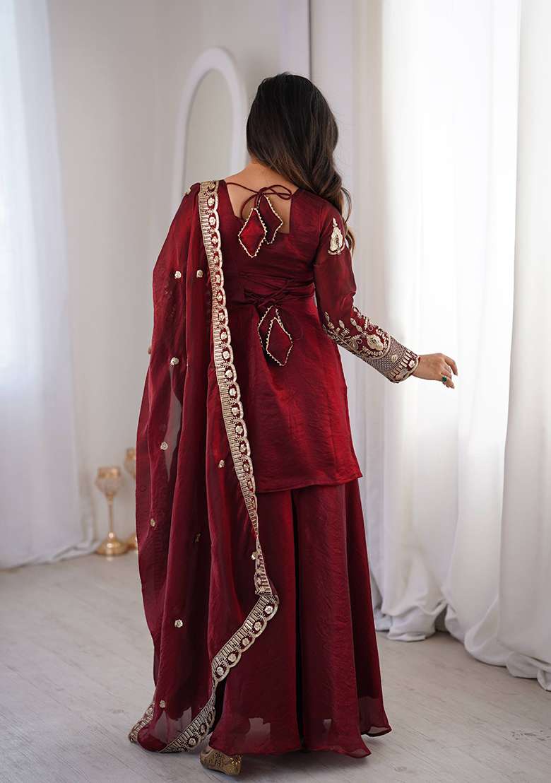 Maroon Embroidery Silk Gown Set - Indya