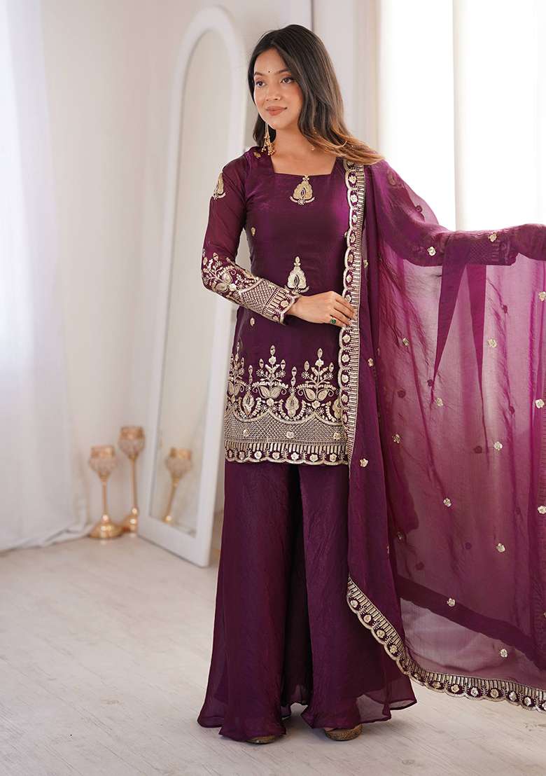 Purple Embroidery Silk Gown Set - Indya