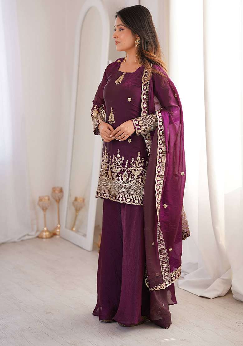 Purple Embroidery Silk Gown Set - Indya