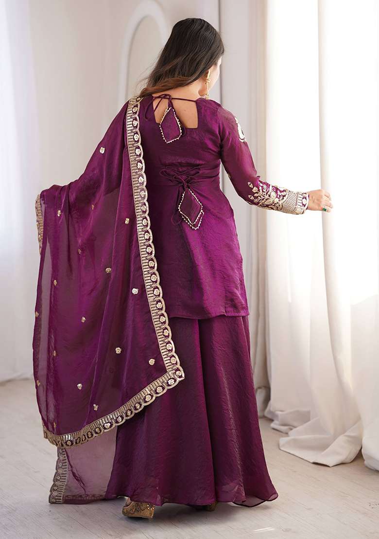 Purple Embroidery Silk Gown Set - Indya