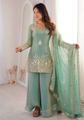 Sky Blue Embroidery Silk Gown Set