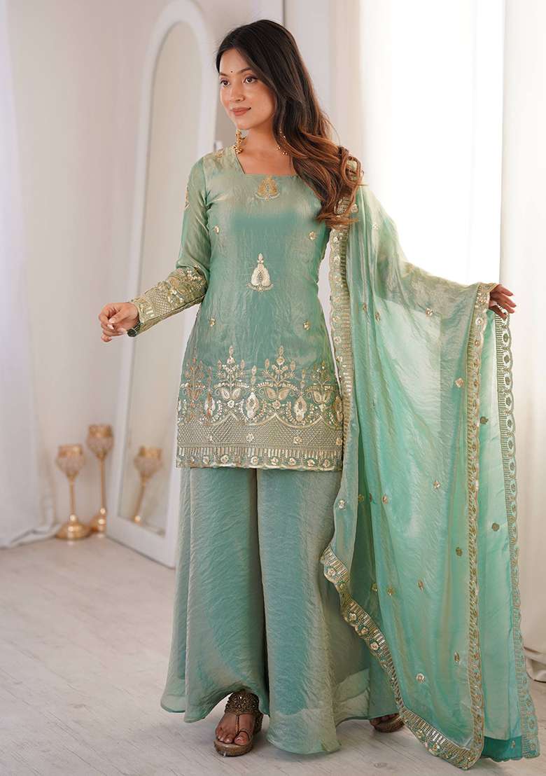 Sky Blue Embroidery Silk Gown Set - Indya