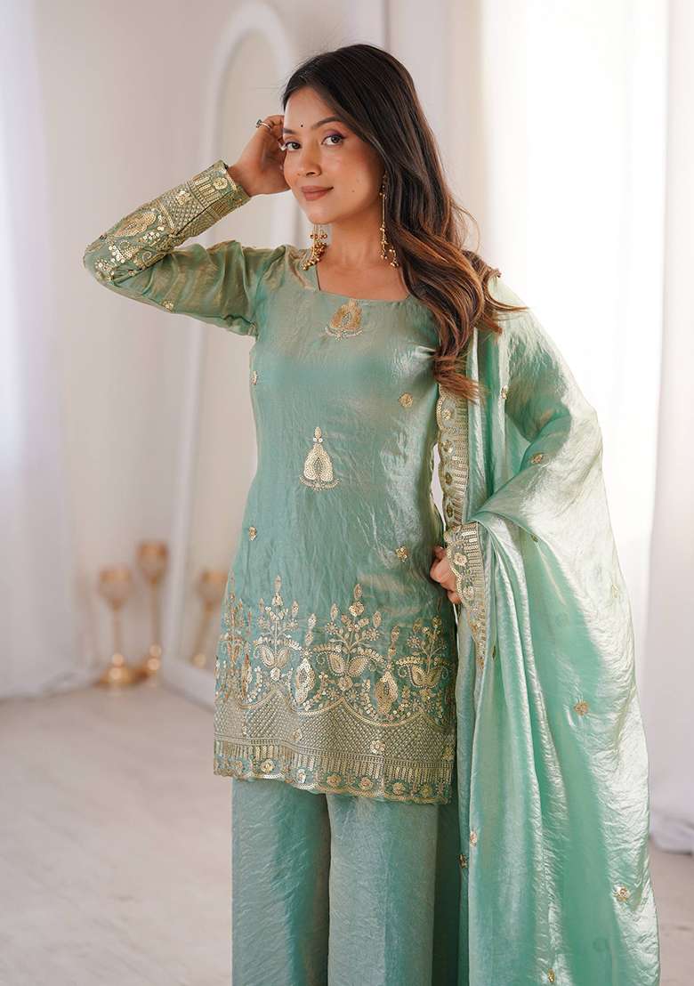 Sky Blue Embroidery Silk Gown Set - Indya