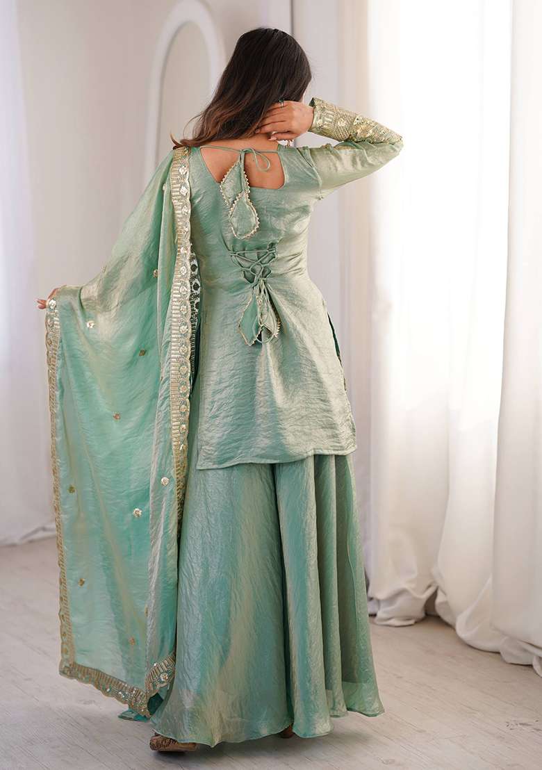 Sky Blue Embroidery Silk Gown Set - Indya