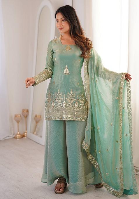Sky Blue Embroidery Silk Gown Set
