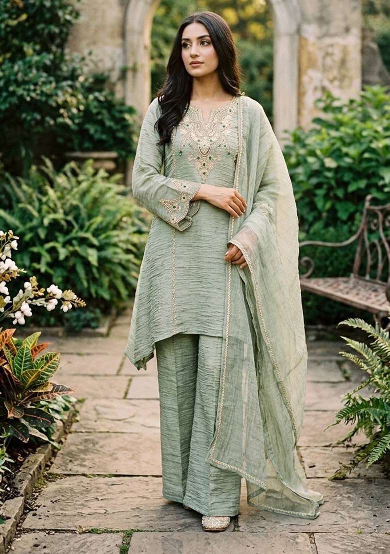 Pista Embroidery Silk Palazzo Set - Indya