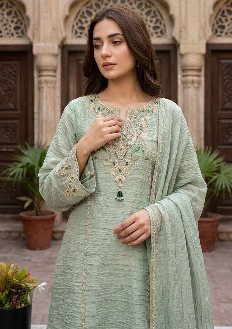 Pista Embroidery Silk Palazzo Set - Indya