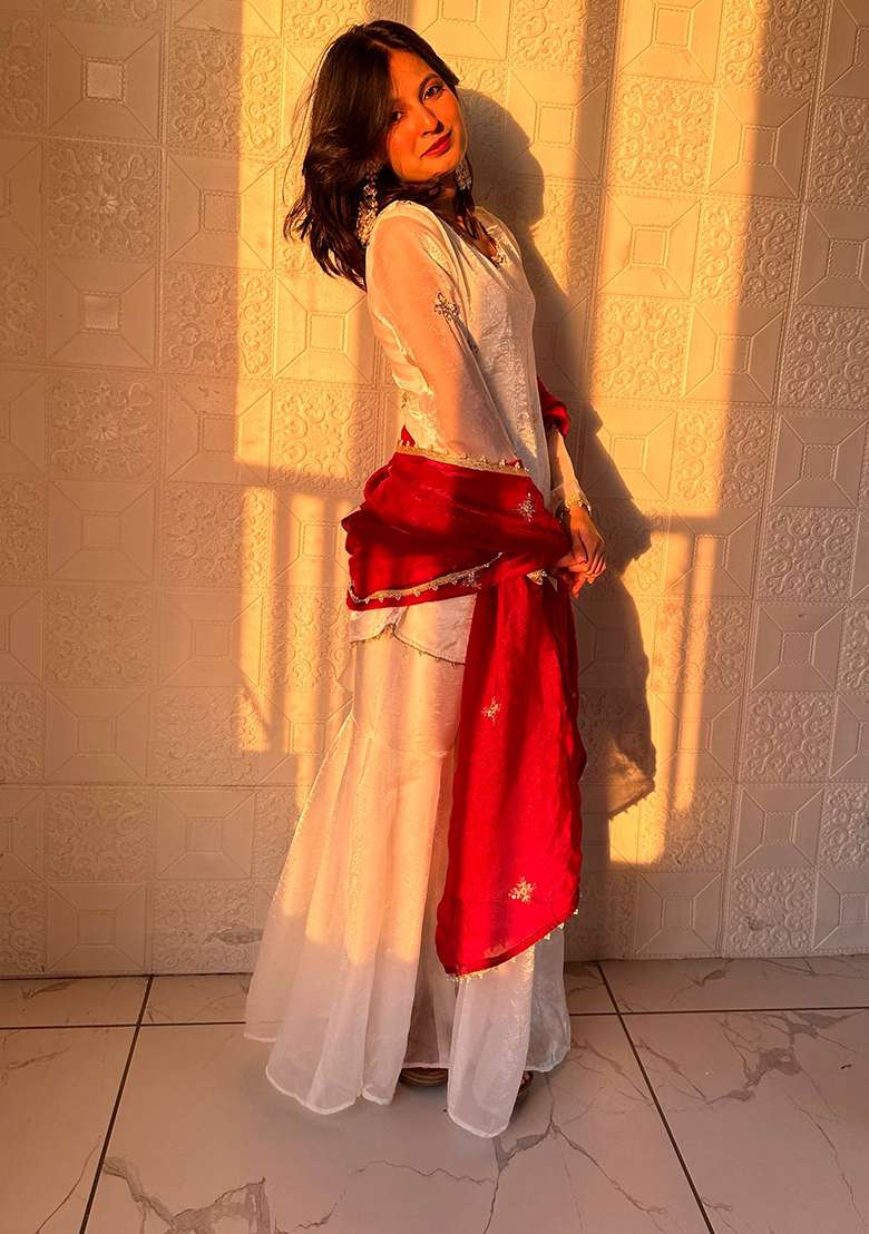 Red Embroidery Silk Palazzo Set - Indya