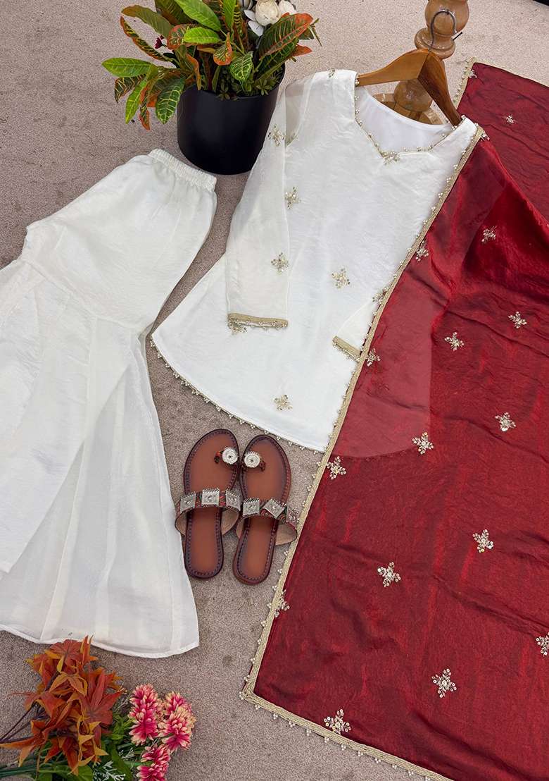 Red Embroidery Silk Palazzo Set - Indya