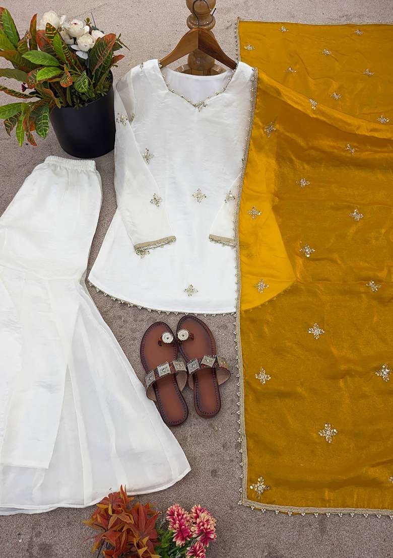 Yellow Embroidery Silk Palazzo Set - Indya