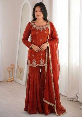 Orange Embroidery Silk Palazzo Set