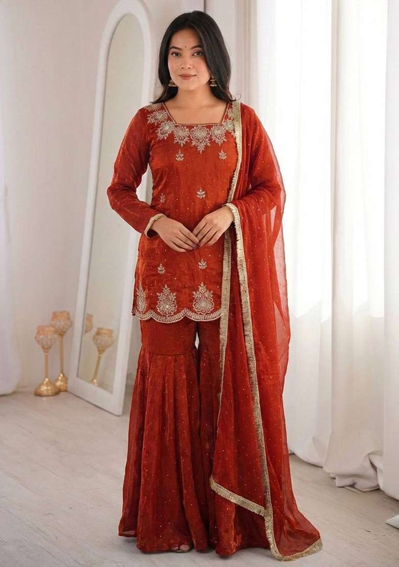 Orange Embroidery Silk Palazzo Set - Indya