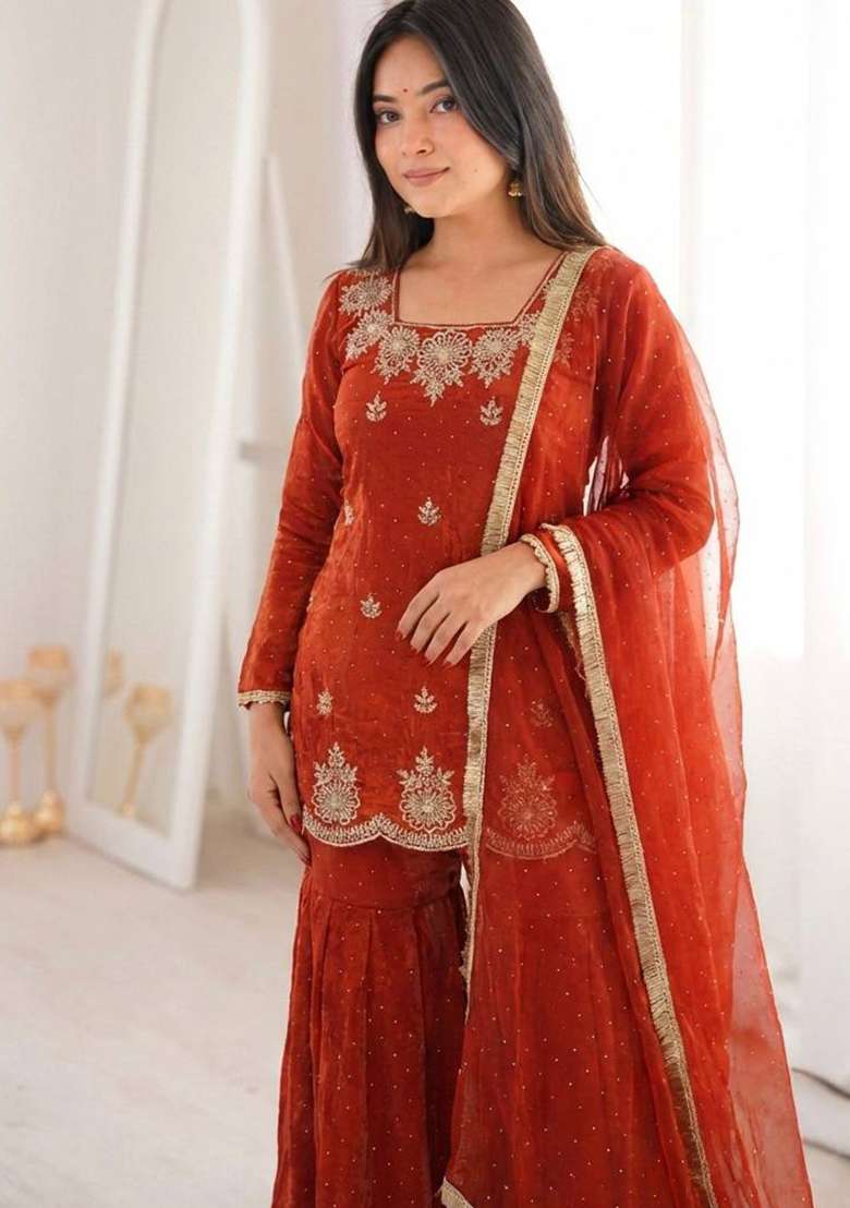 Orange Embroidery Silk Palazzo Set - Indya