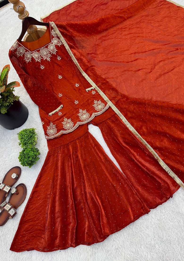 Orange Embroidery Silk Palazzo Set - Indya