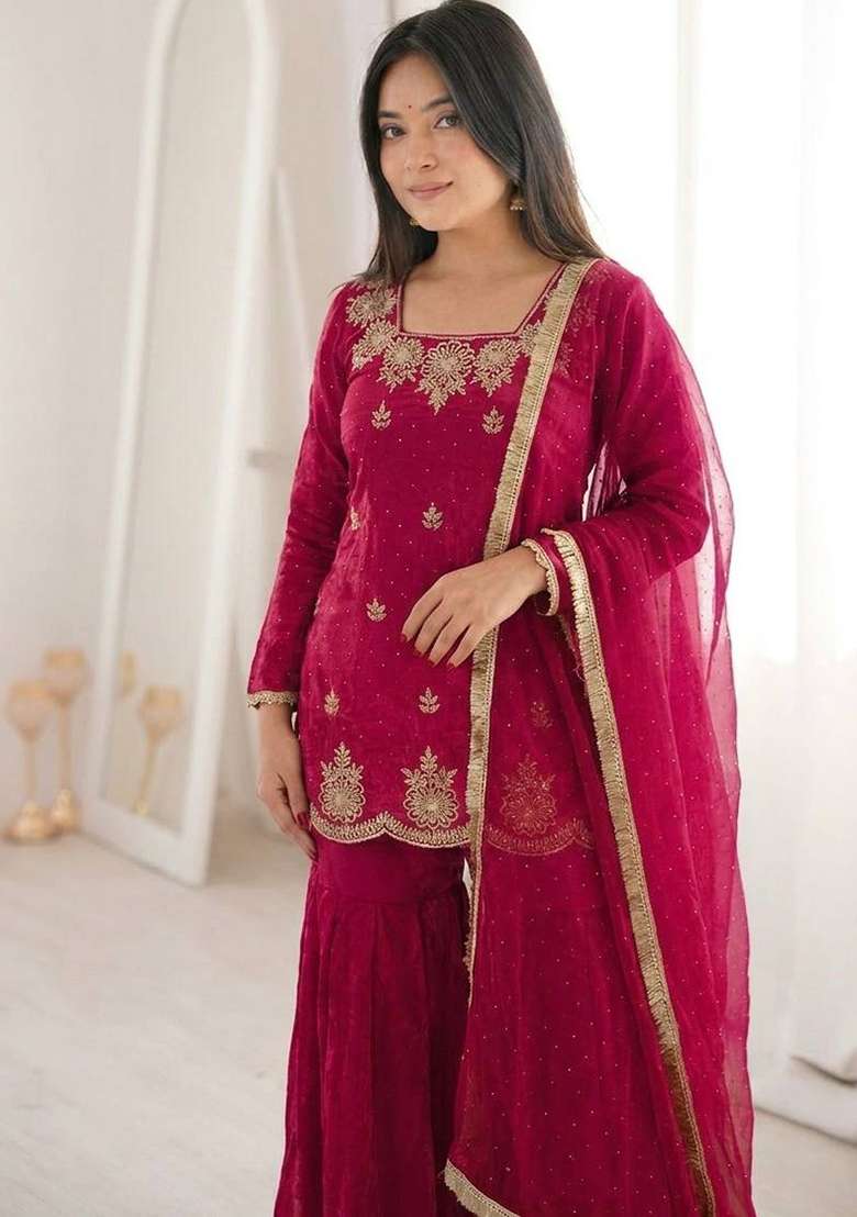Pink Embroidery Silk Palazzo Set - Indya