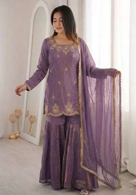 Purple Embroidery Silk Palazzo Set