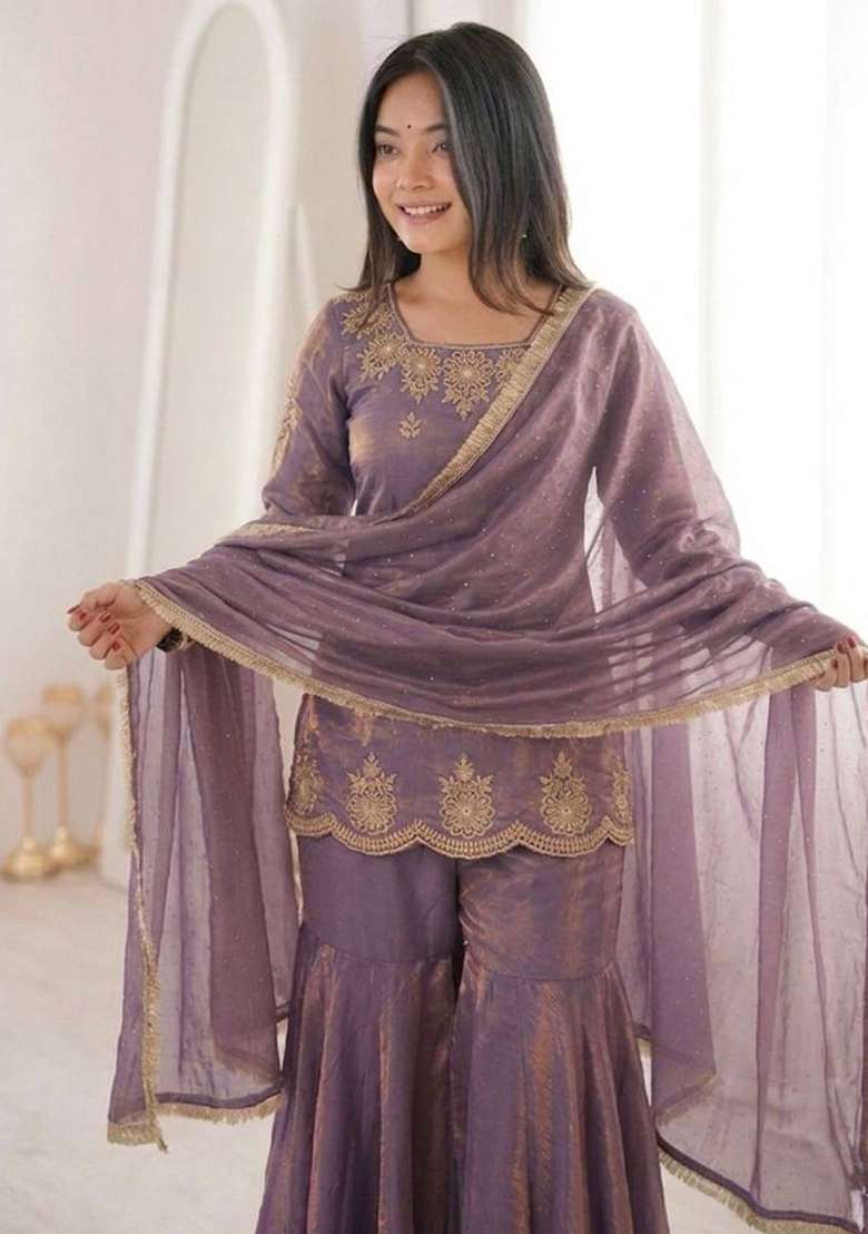 Purple Embroidery Silk Palazzo Set - Indya