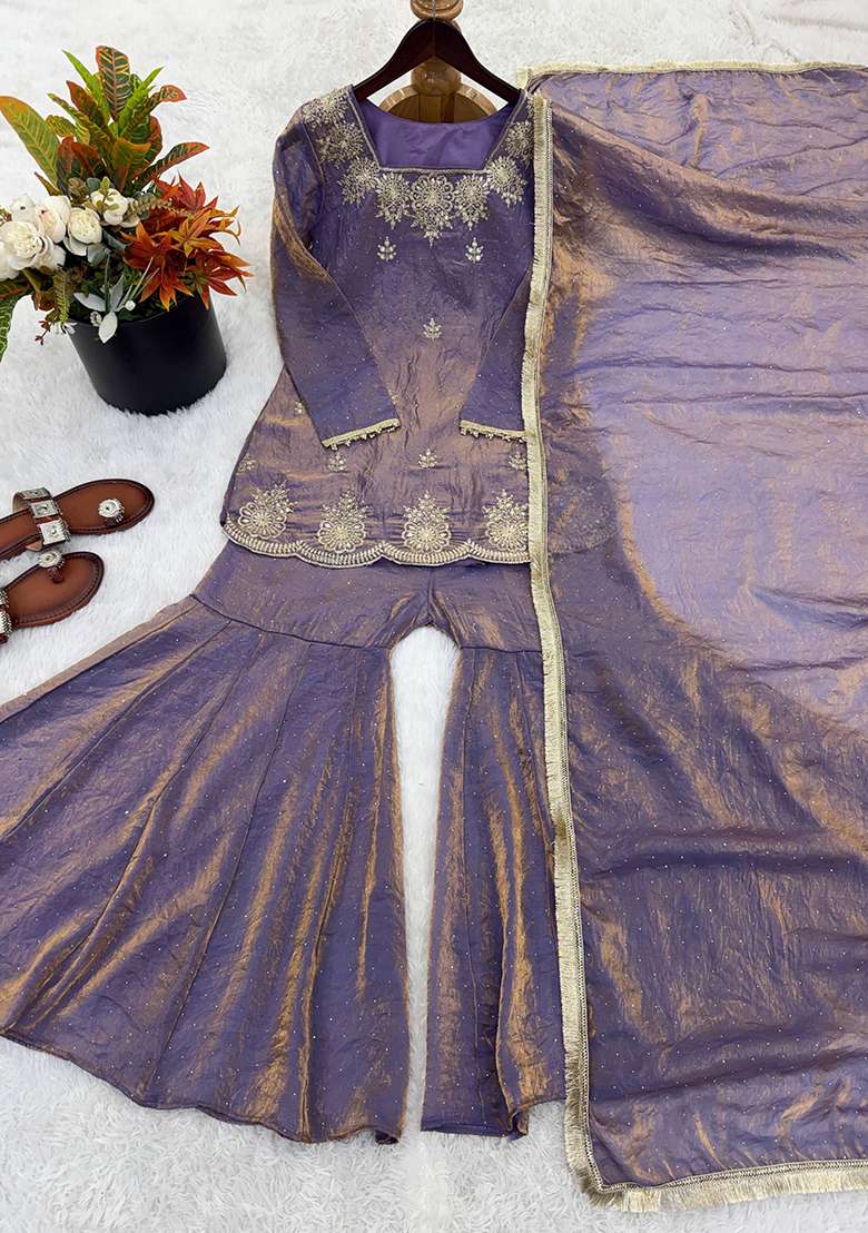 Purple Embroidery Silk Palazzo Set - Indya