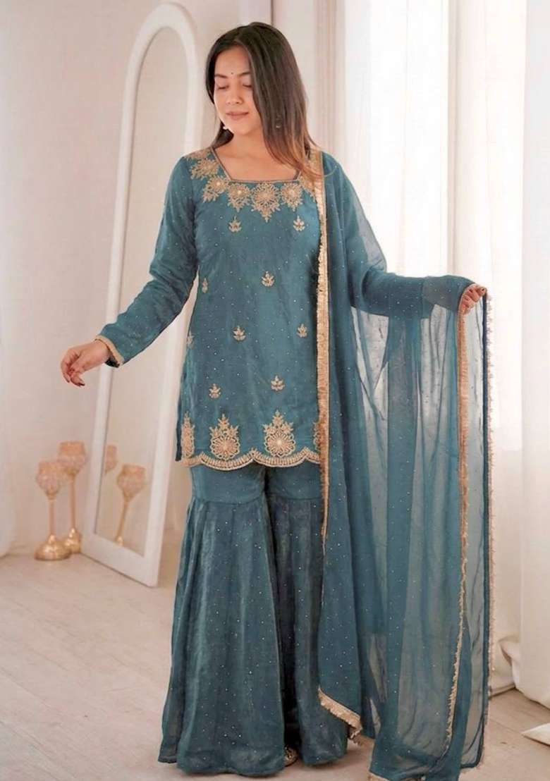 Sky Blue Embroidery Silk Palazzo Set - Indya