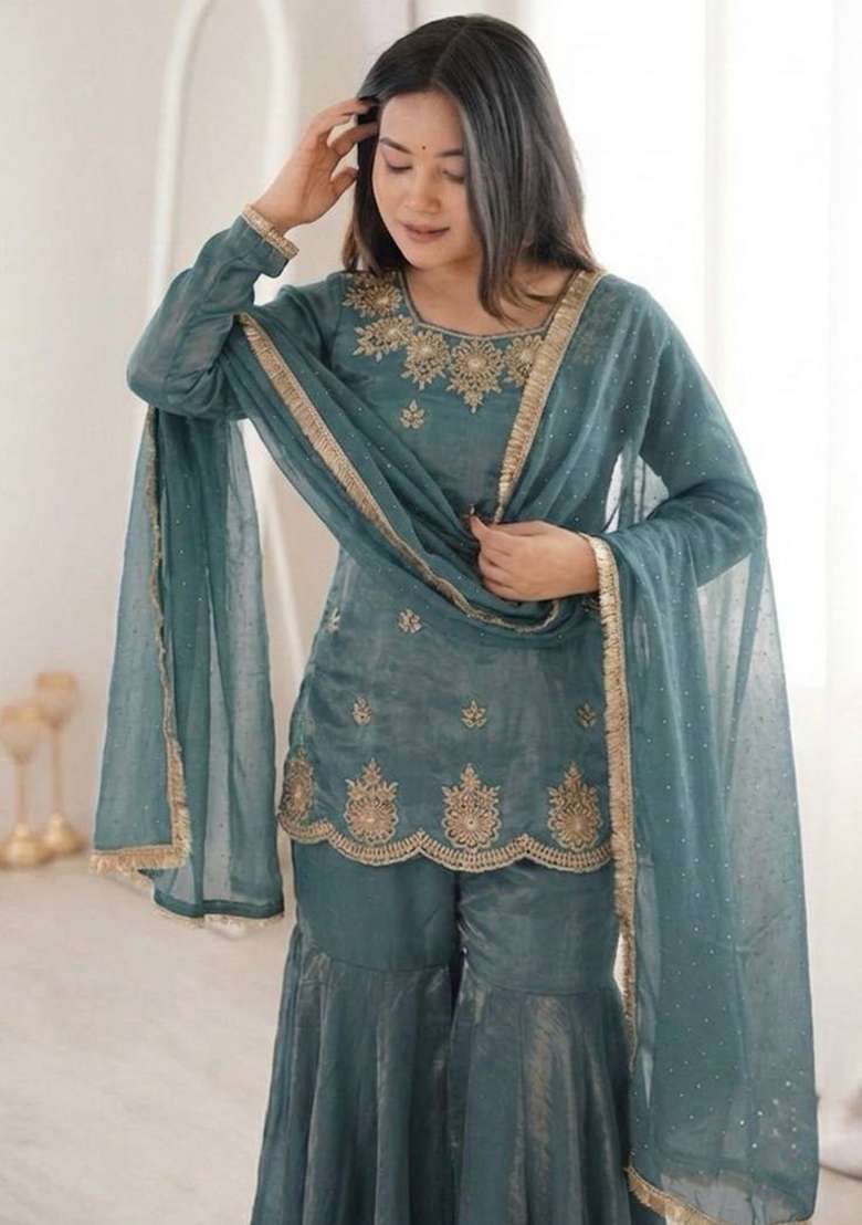 Sky Blue Embroidery Silk Palazzo Set - Indya