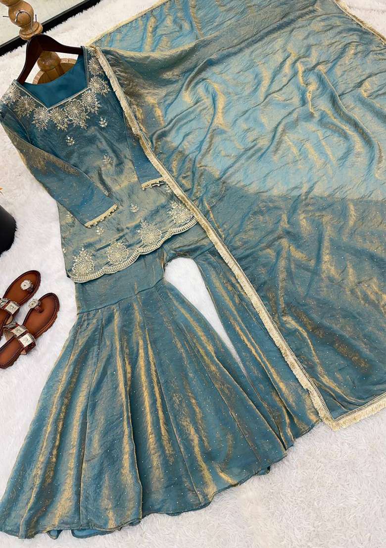 Sky Blue Embroidery Silk Palazzo Set - Indya