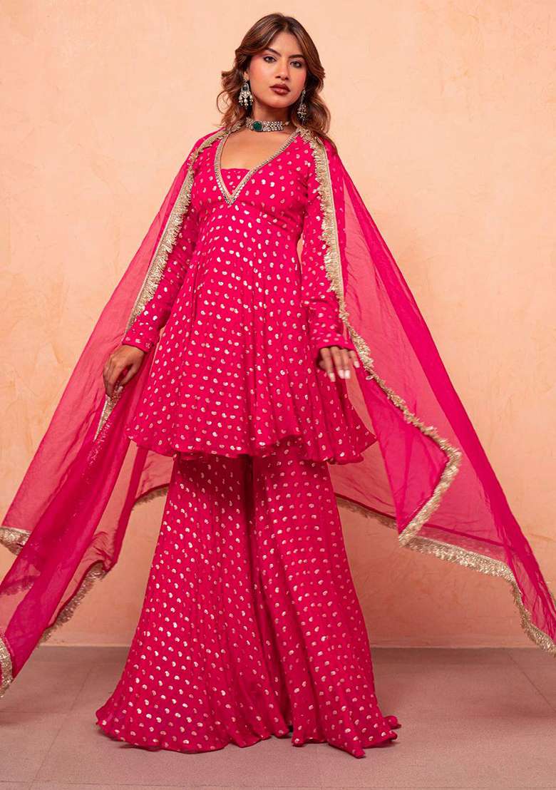 Pink Embroidery Silk Palazzo Set - Indya