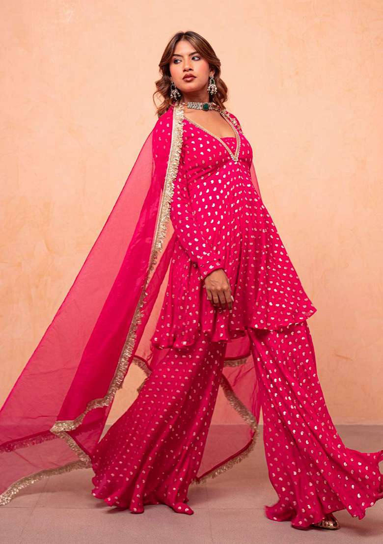 Pink Embroidery Silk Palazzo Set - Indya