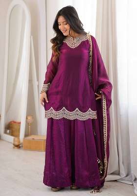 Wine Embroidery Silk Palazzo Set