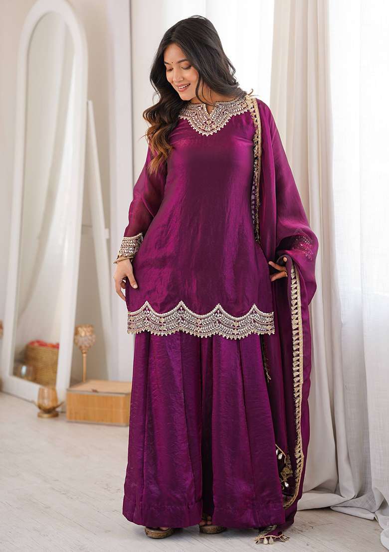 Wine Embroidery Silk Palazzo Set - Indya