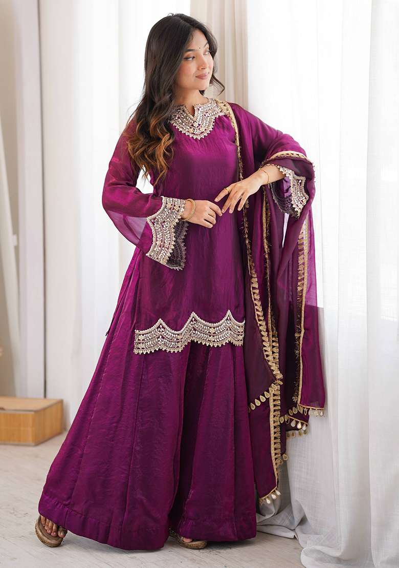 Wine Embroidery Silk Palazzo Set - Indya