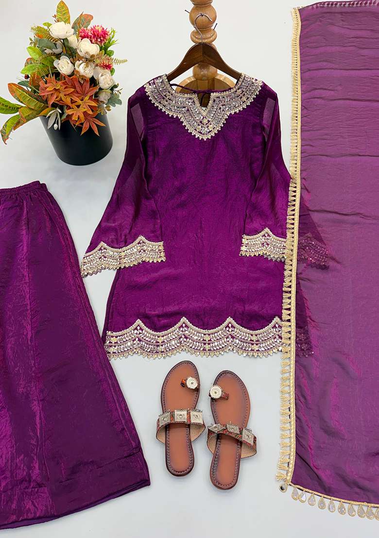 Wine Embroidery Silk Palazzo Set - Indya