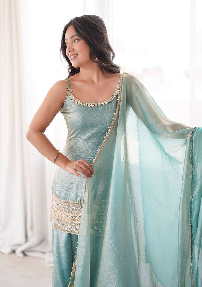 Sky Blue Embroidery Crush Palazzo Set - Indya