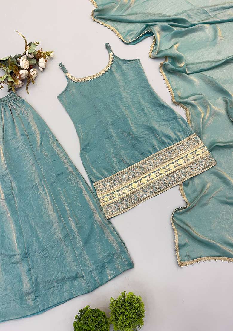 Sky Blue Embroidery Crush Palazzo Set - Indya